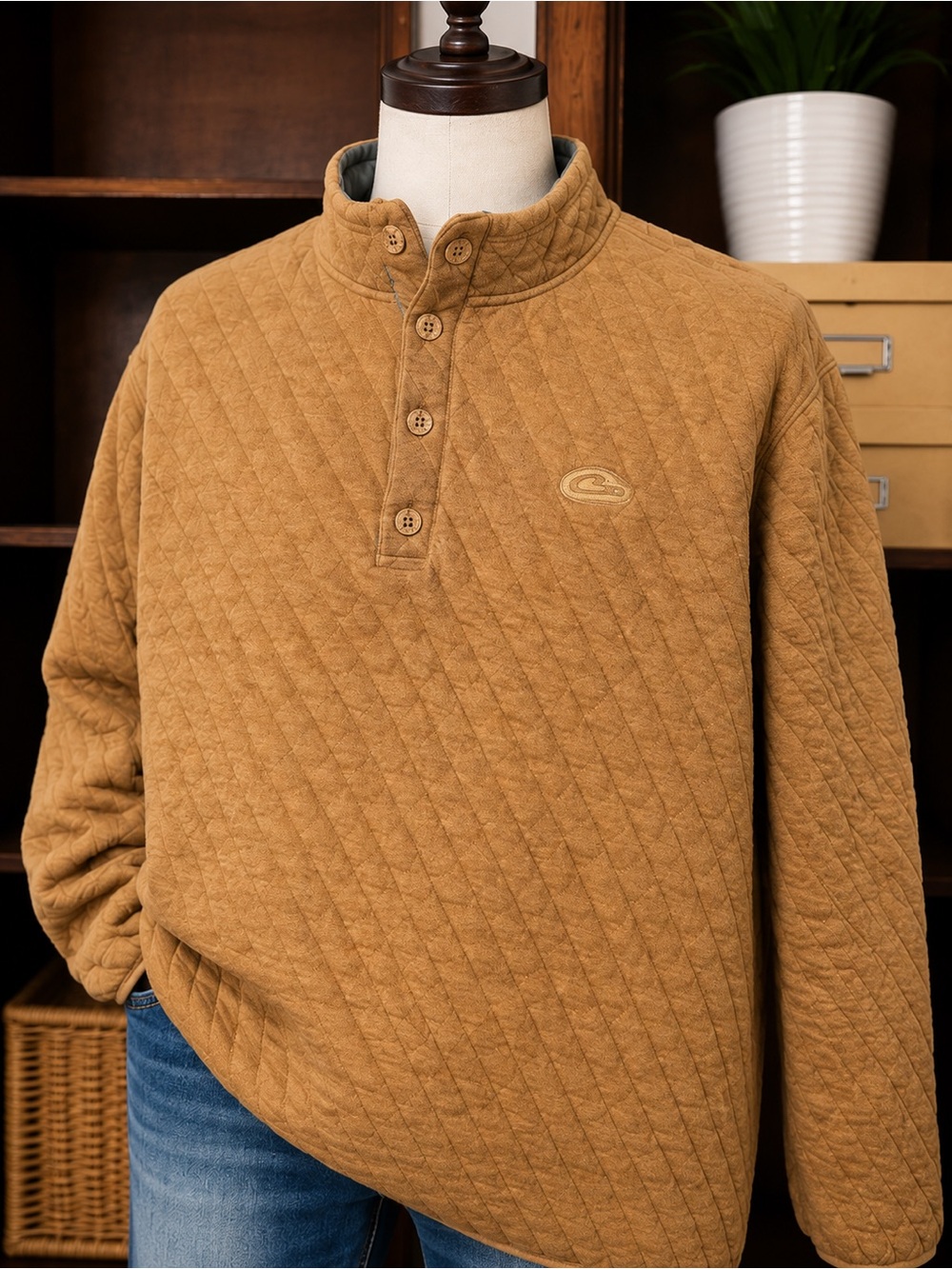 Drake Waterfowl Quilted Pullover Mens 3XL Brown Snap Mock Neck Hunting Outdoors